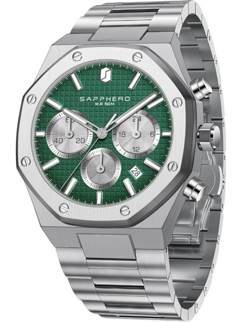 Men's Silver Strap Green Face Stainless Steel Octagonal Date Quartz Wrist Watch
